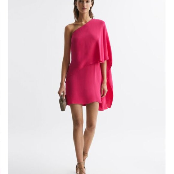 REISS | NWT Blake One Shoulder Chiffon Cape Mini Dress in Bright Pink, Size 2 🇬🇧 - Picture 2 of 13